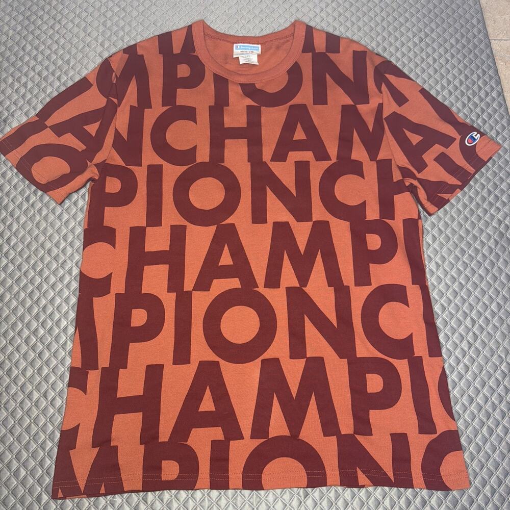 Champion Mens Medium All Over Logo Graphic T-Shirt Orange Burgundy Cotton
